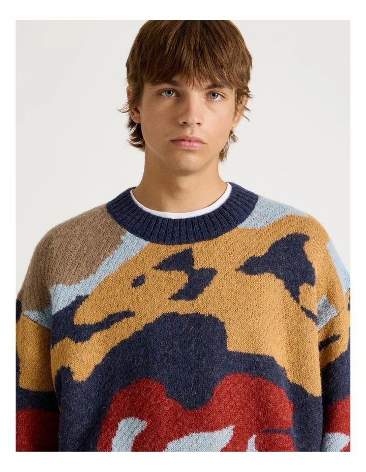 Intarsia Camo Knit Sweater in Blue image 3