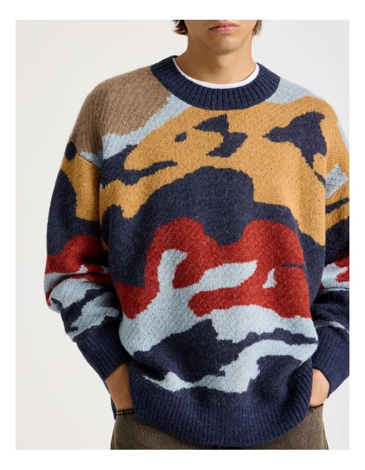 Intarsia Camo Knit Sweater in Blue image 4