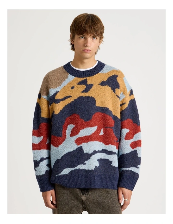 Intarsia Camo Knit Sweater in Blue image 5