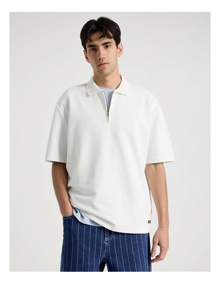 Zip Front Short Sleeve Polo in White image 1