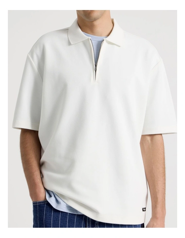 Zip Front Short Sleeve Polo in White image 3