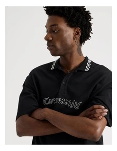 Oversized Jacquard Short Sleeve Polo in Black
