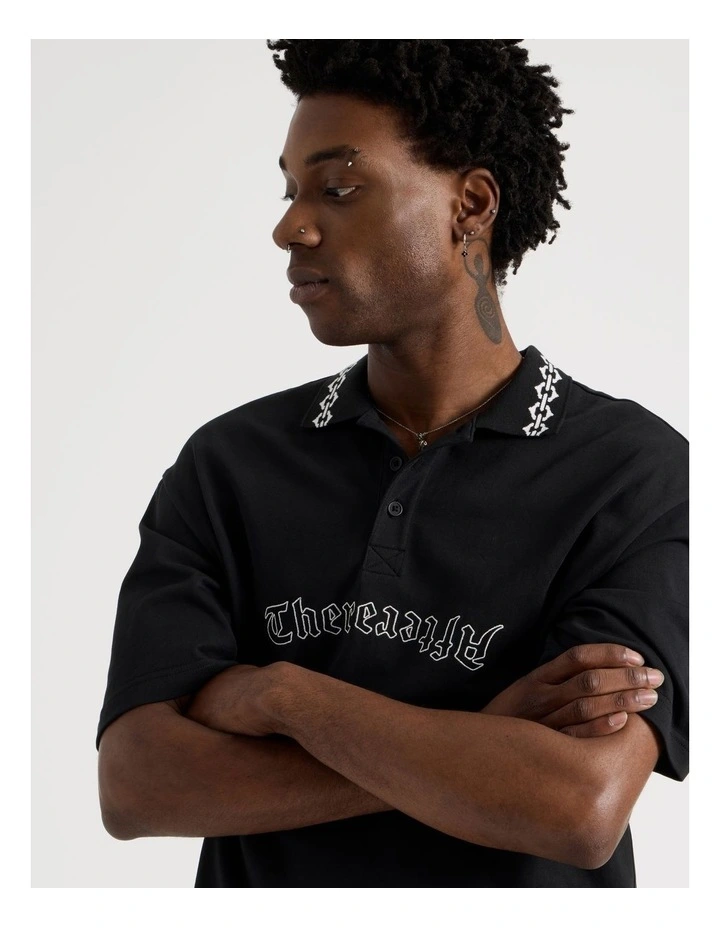 Oversized Jacquard Short Sleeve Polo in Black image 1