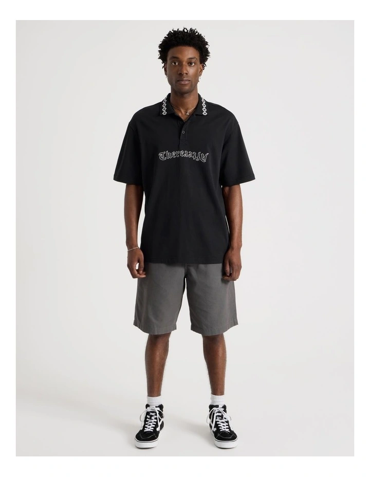Oversized Jacquard Short Sleeve Polo in Black image 2