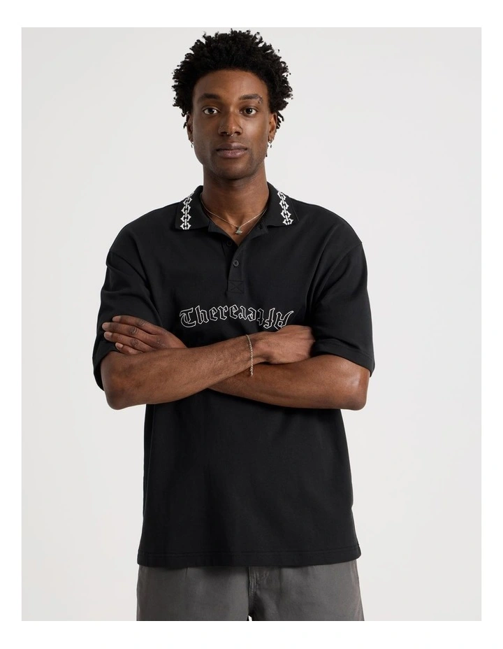 Oversized Jacquard Short Sleeve Polo in Black image 3