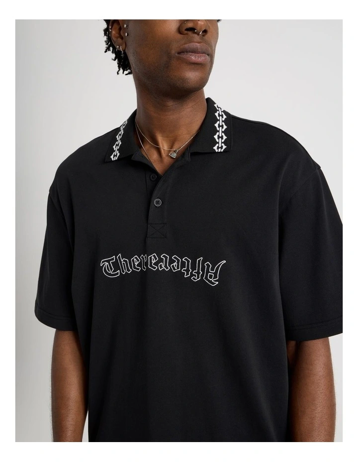 Oversized Jacquard Short Sleeve Polo in Black image 4