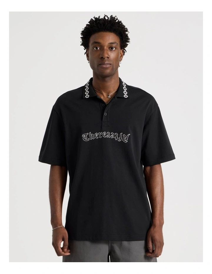 Oversized Jacquard Short Sleeve Polo in Black image 5