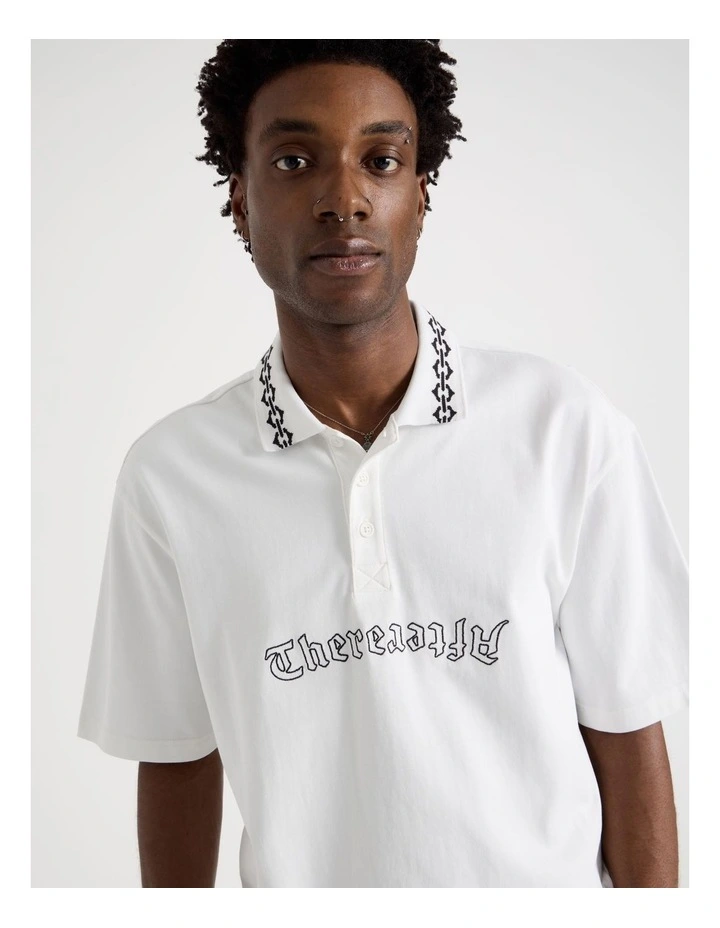 Oversized Jacquard Short Sleeve Polo in White image 2