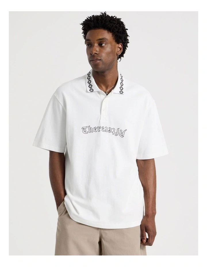 Oversized Jacquard Short Sleeve Polo in White image 4
