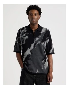 Oversized Knit Short Sleeve Polo in Grey Camo