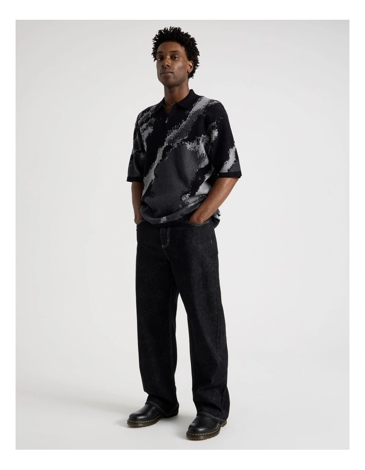 Oversized Knit Short Sleeve Polo in Grey Camo image 2