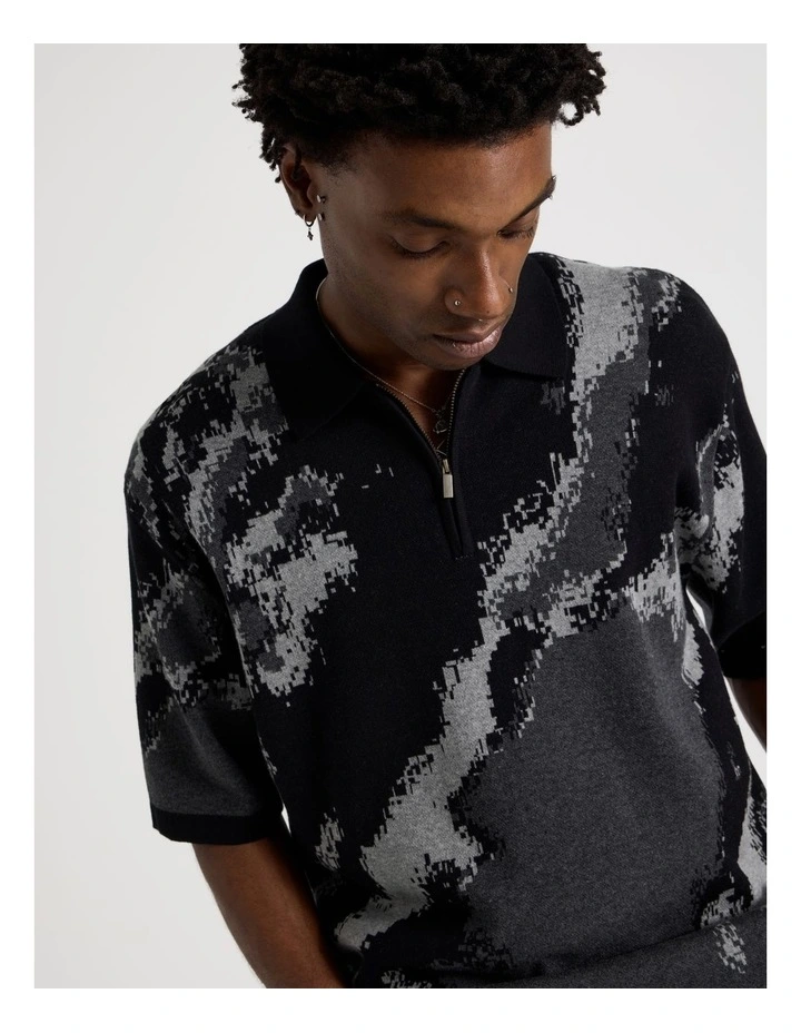 Oversized Knit Short Sleeve Polo in Grey Camo image 3