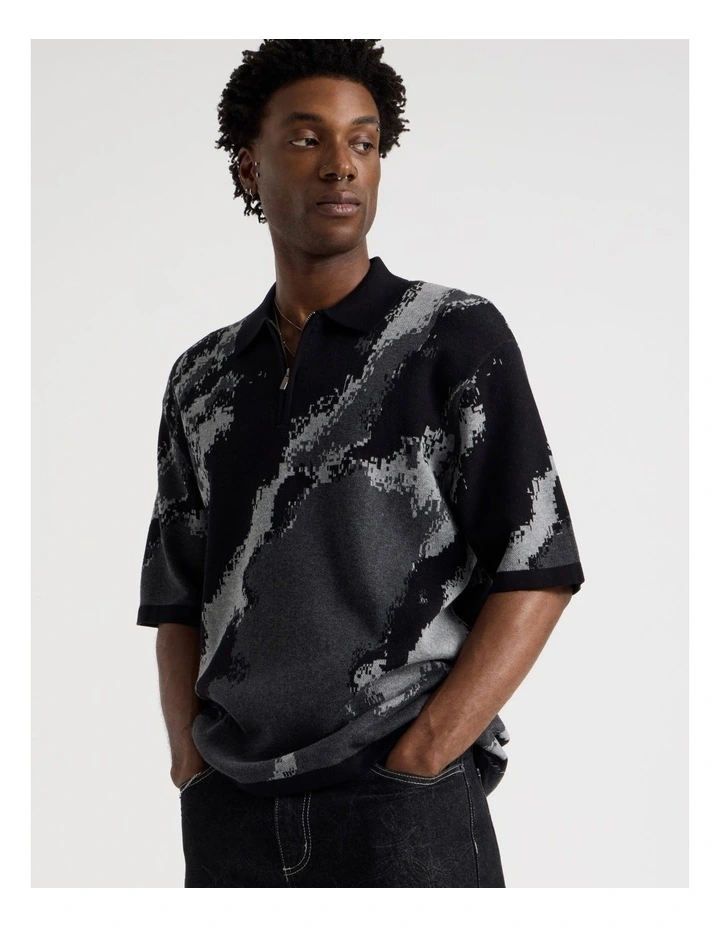 Oversized Knit Short Sleeve Polo in Grey Camo image 4