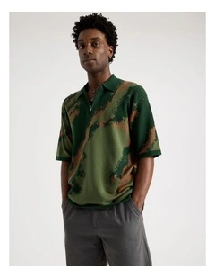 Oversized Knit Short Sleeve Polo in Green Camo