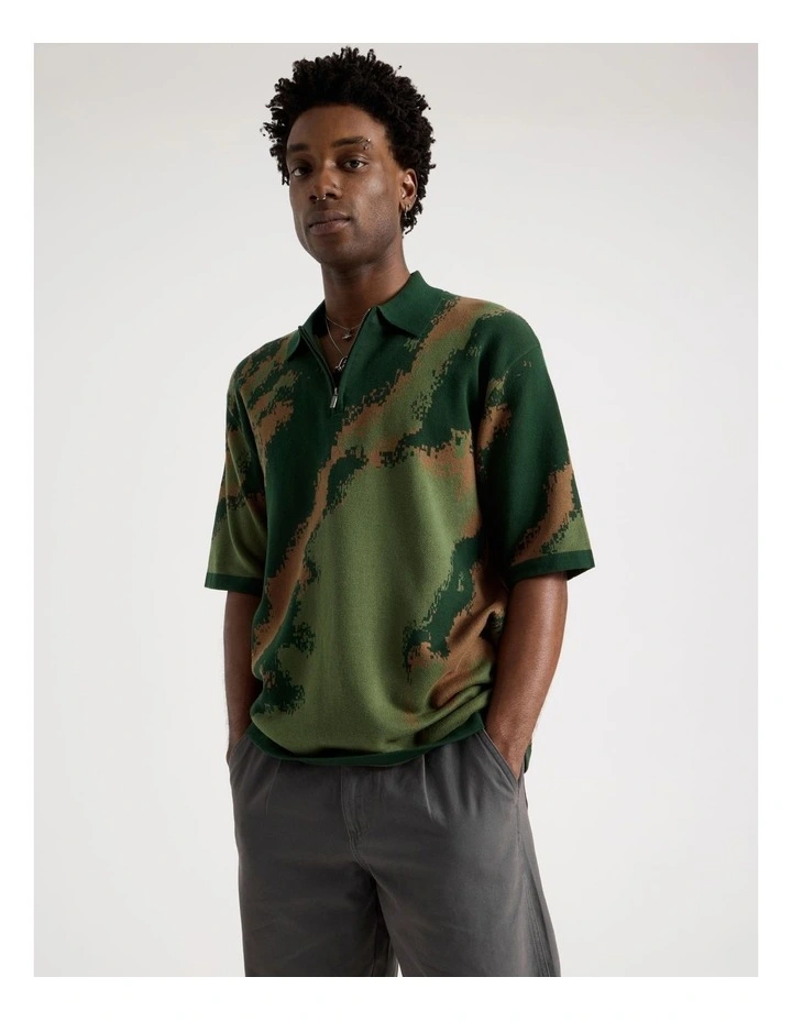 Oversized Knit Short Sleeve Polo in Green Camo image 1