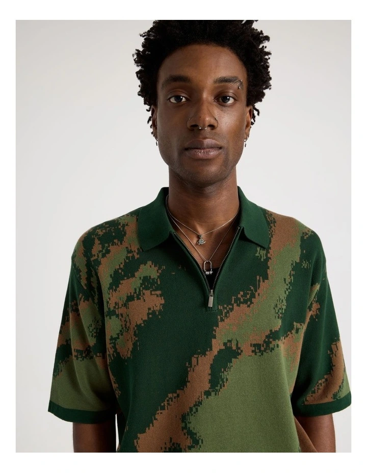 Oversized Knit Short Sleeve Polo in Green Camo image 2