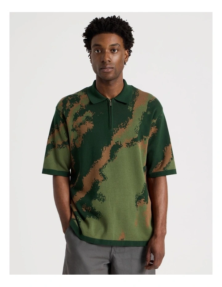 Oversized Knit Short Sleeve Polo in Green Camo image 4