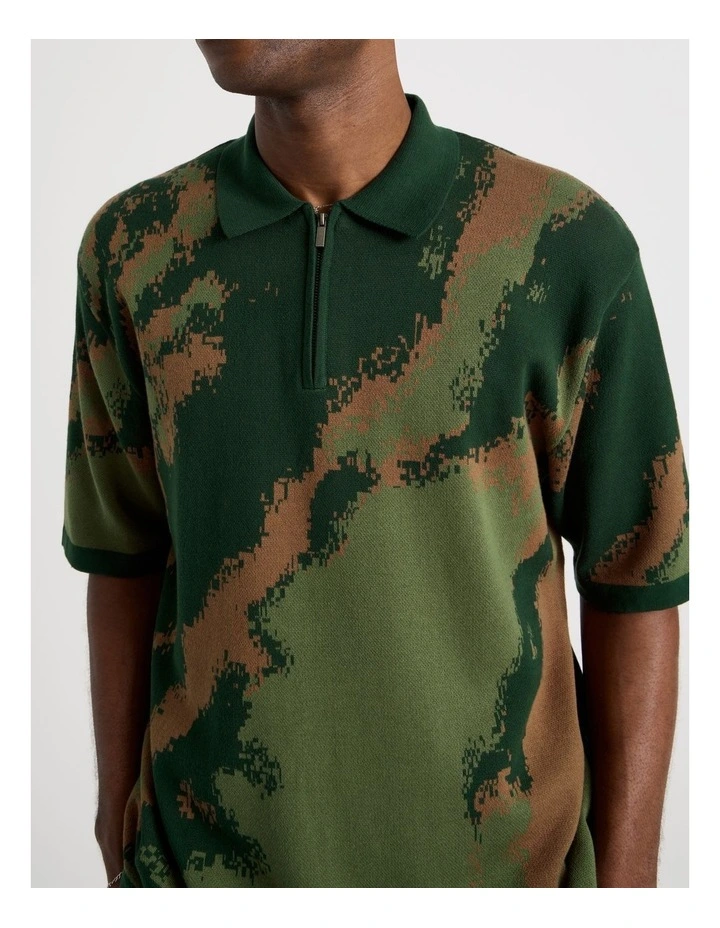 Oversized Knit Short Sleeve Polo in Green Camo image 6