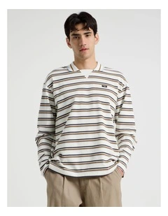 Long Sleeve Rugby Polo in White Retro Stripe