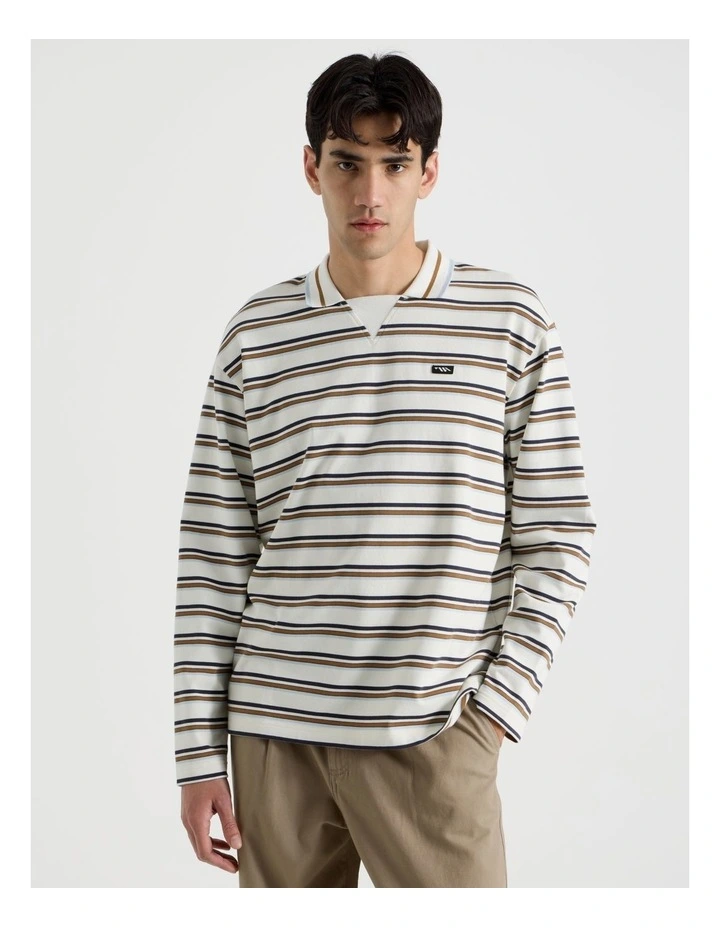 Long Sleeve Rugby Polo in White Retro Stripe image 4