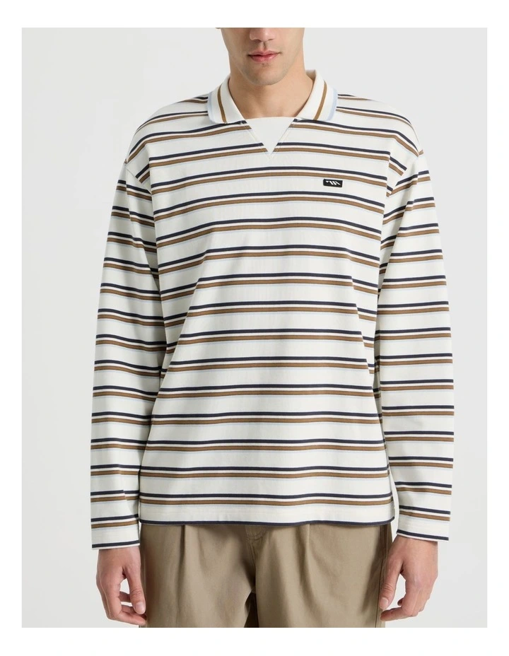 Long Sleeve Rugby Polo in White Retro Stripe image 6