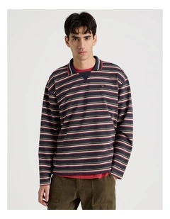 Long Sleeve Rugby Polo in Navy Retro Stripe