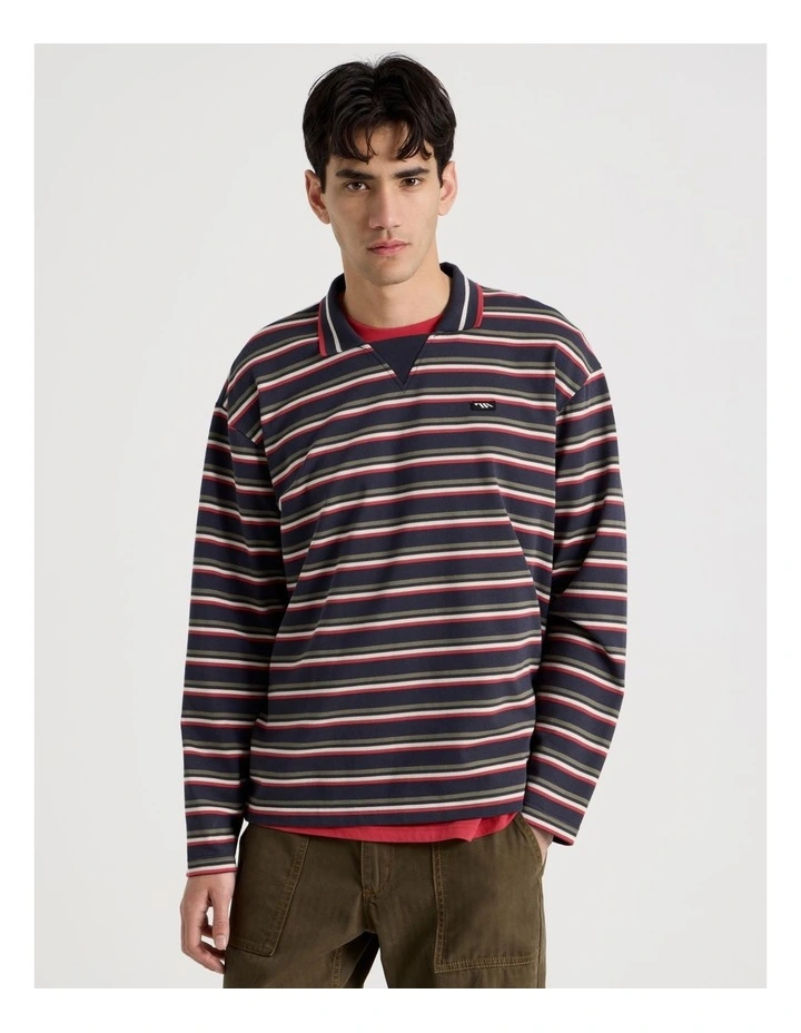 Long Sleeve Rugby Polo in Navy Retro Stripe image 1