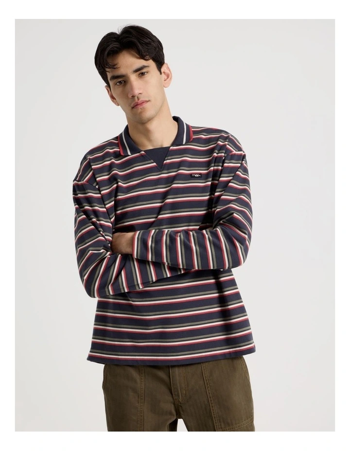 Long Sleeve Rugby Polo in Navy Retro Stripe image 3