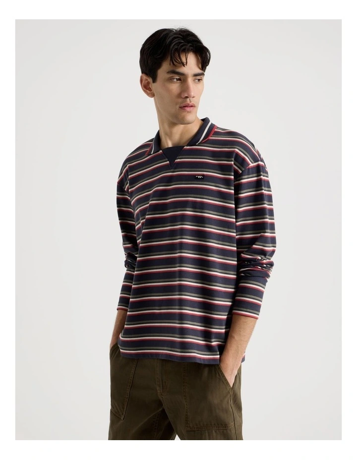 Long Sleeve Rugby Polo in Navy Retro Stripe image 5