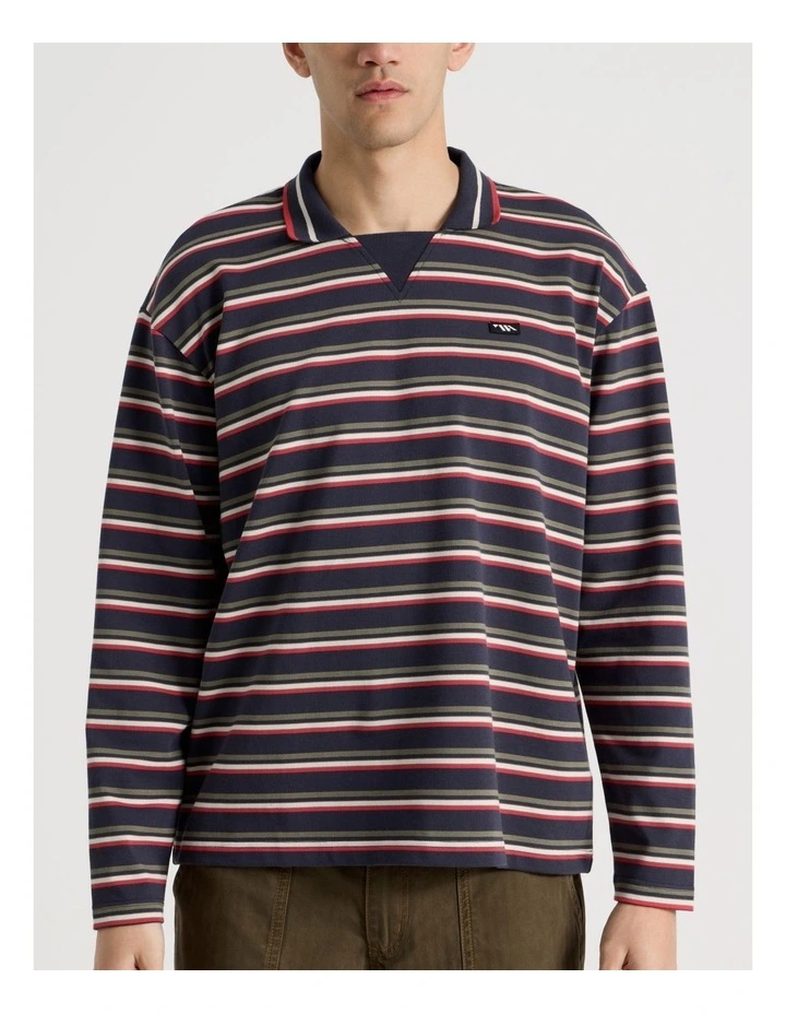 Long Sleeve Rugby Polo in Navy Retro Stripe image 7