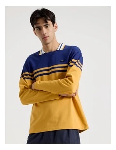 Oversized Long Sleeve Polo in Yellow and Blue Stripe