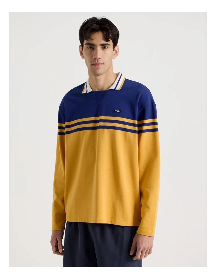 Oversized Long Sleeve Polo in Yellow and Blue Stripe image 3