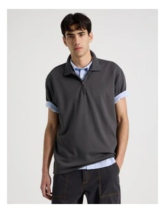 Zip Front Short Sleeve Polo in Grey