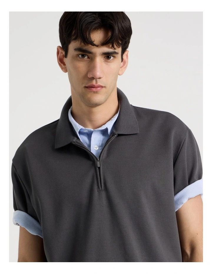 Zip Front Short Sleeve Polo in Grey image 3