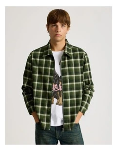 Zip Through Long Sleeve Check Shirt in Khaki