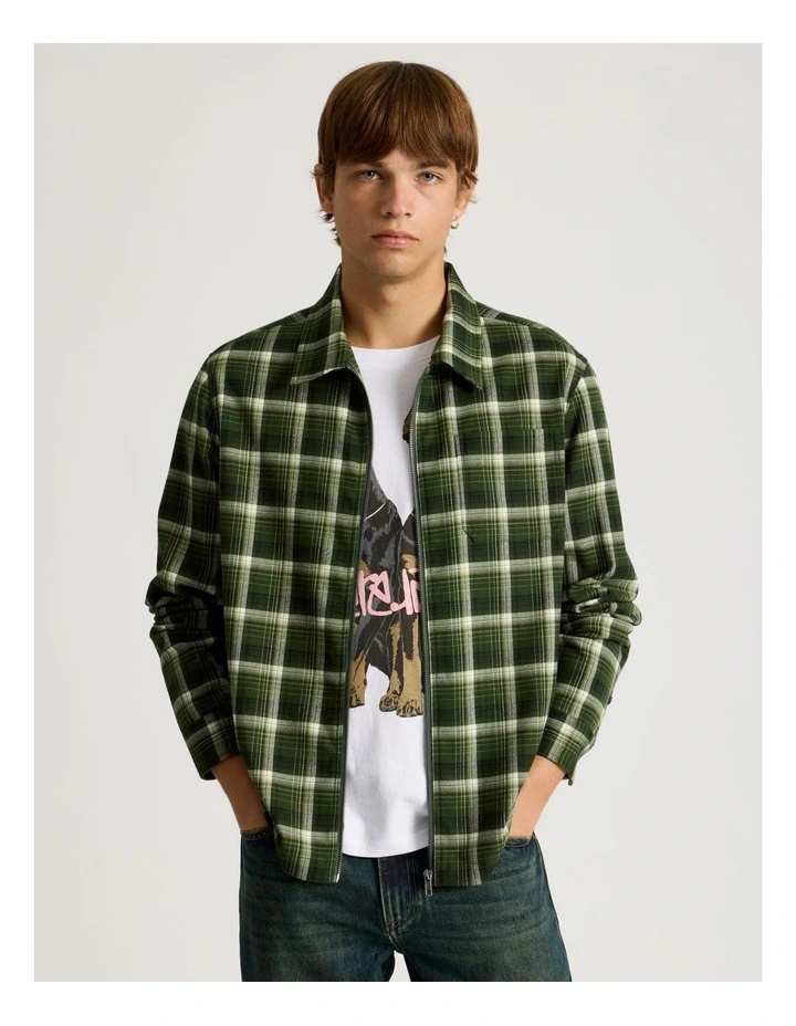 Zip Through Long Sleeve Check Shirt in Khaki image 1