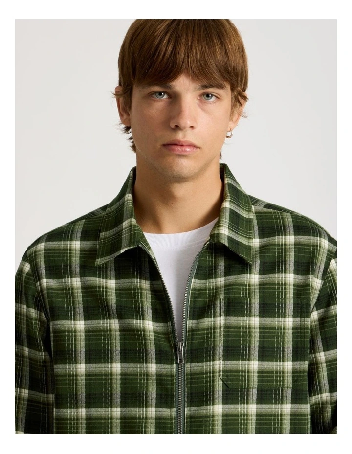Zip Through Long Sleeve Check Shirt in Khaki image 3