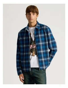 Zip Through Long Sleeve Check Shirt in Cobalt