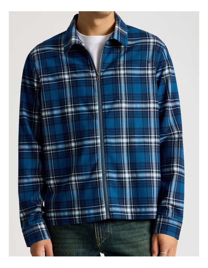 Zip Through Long Sleeve Check Shirt in Cobalt image 3