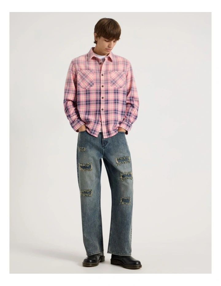 Dip Dye Check Long Sleeve Shirt in Pink image 2