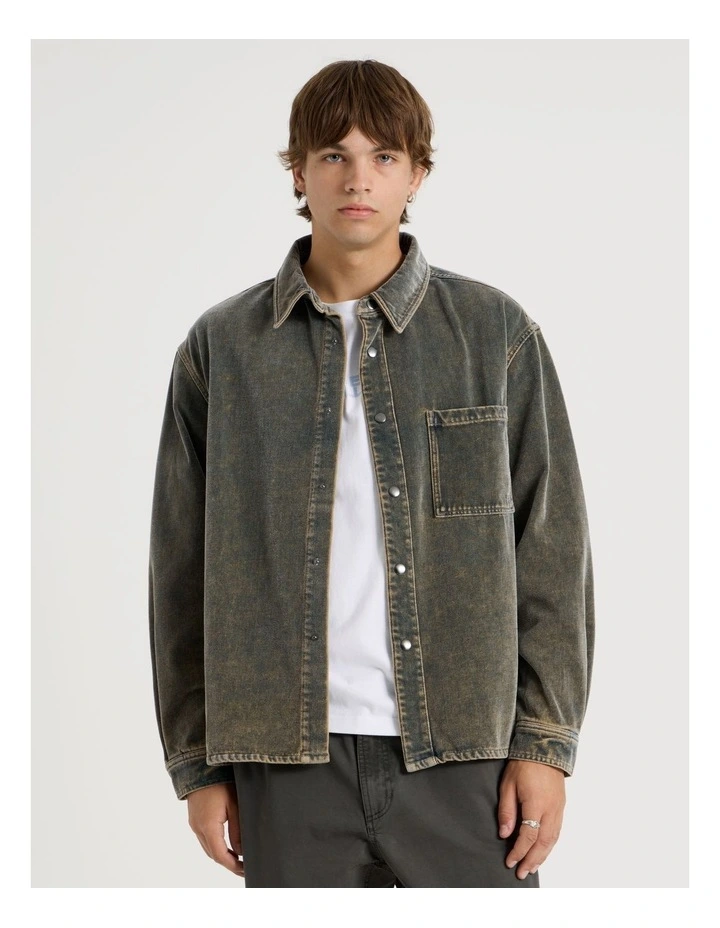 Garment Dyed Long Sleeve Denim Shirt in Dark Wash image 3