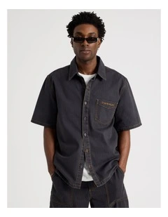 Boxy Herringbone Short Sleeve Shirt in Navy
