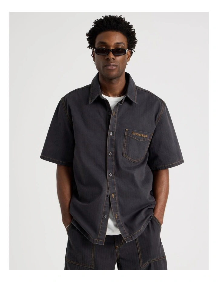 Boxy Herringbone Short Sleeve Shirt in Navy image 1