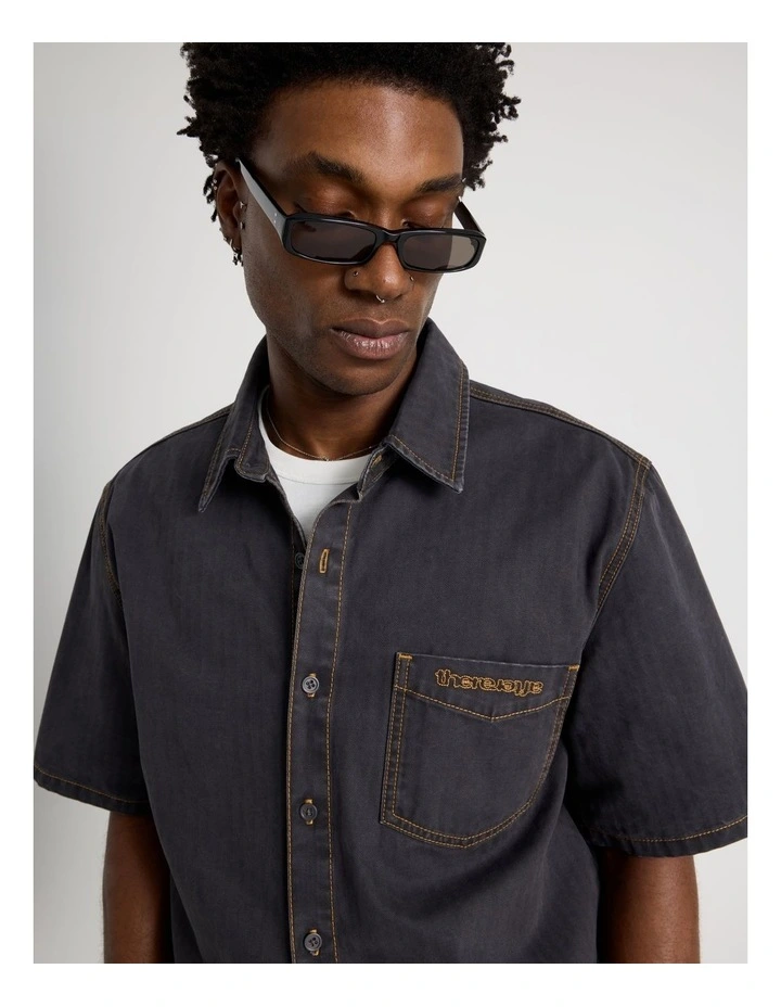 Boxy Herringbone Short Sleeve Shirt in Navy image 3
