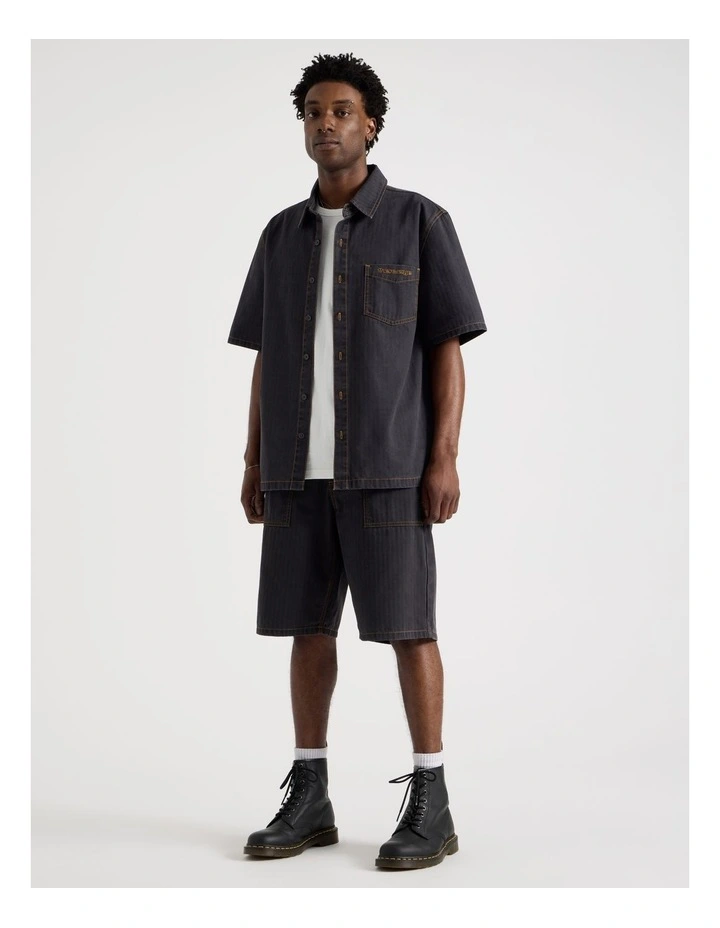 Boxy Herringbone Short Sleeve Shirt in Navy image 6