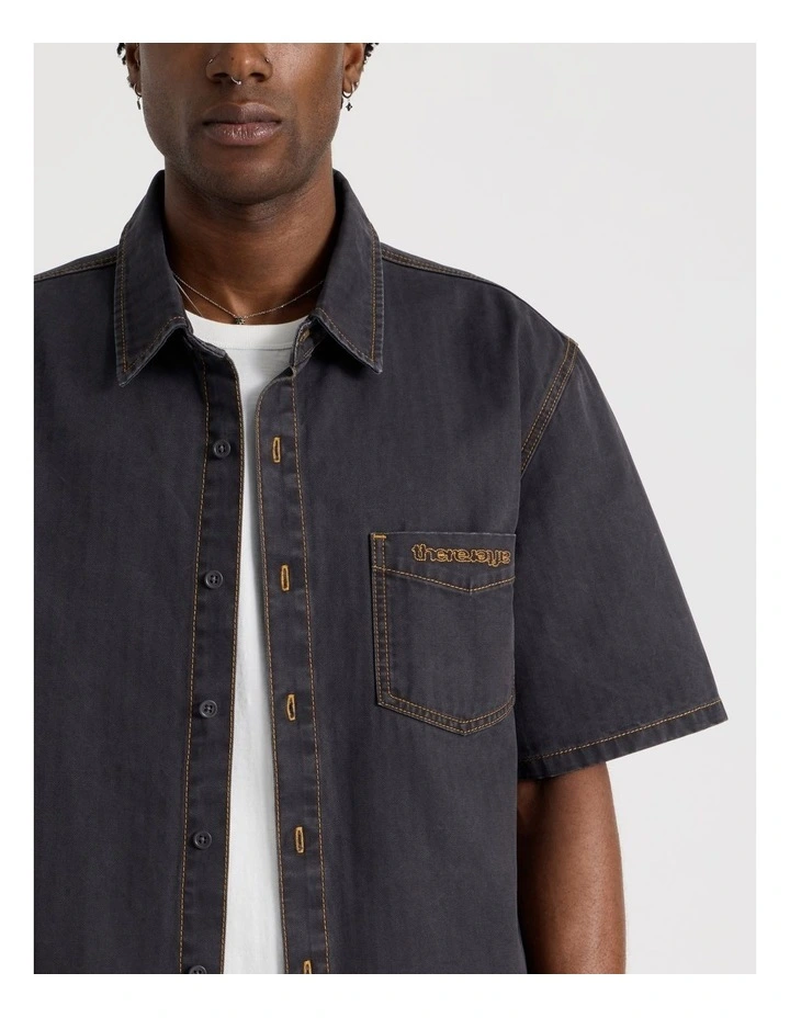 Boxy Herringbone Short Sleeve Shirt in Navy image 7