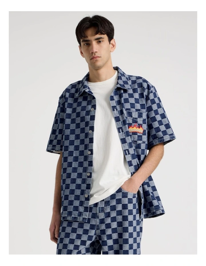 Boxy Short Sleeve Shirt in Denim Checker image 3