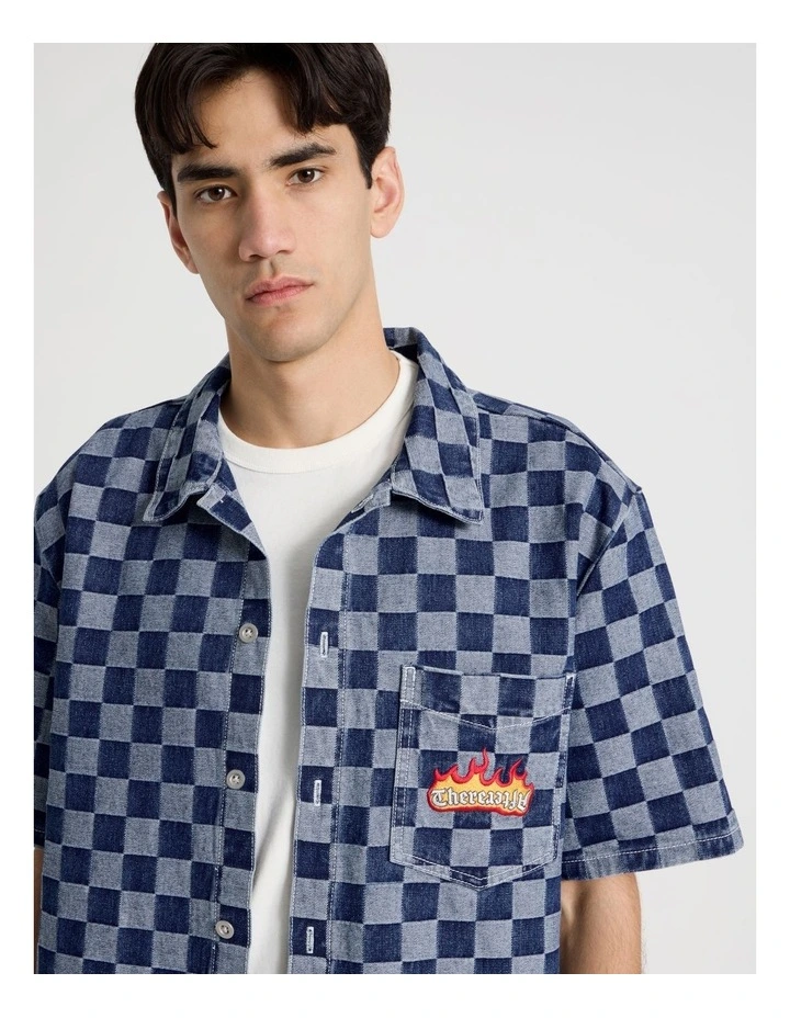 Boxy Short Sleeve Shirt in Denim Checker image 4