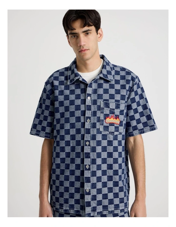 Boxy Short Sleeve Shirt in Denim Checker image 5