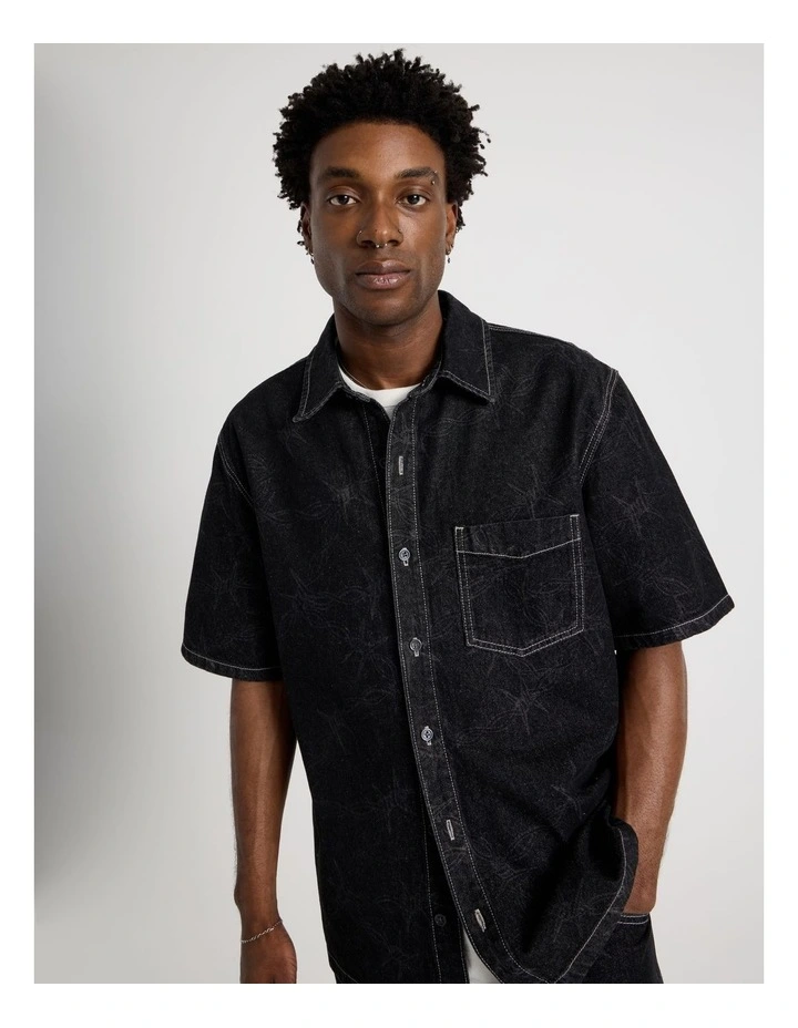 Laser Denim Short Sleeve Shirt in Black image 1